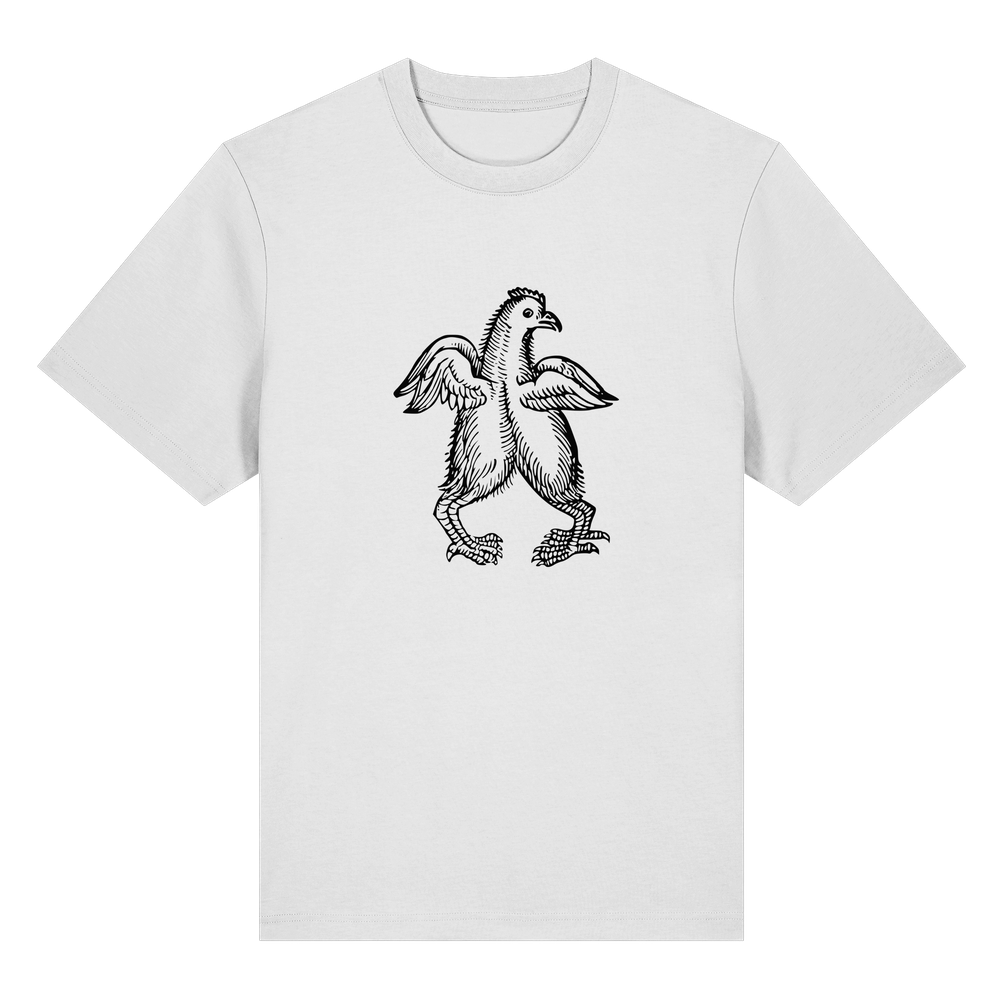 T-Shirt mit Holzschnitt eines Huhns mit zwei Körpern und einem Kopf, Originalholzschnitt aus 'De prodigiis', 1557