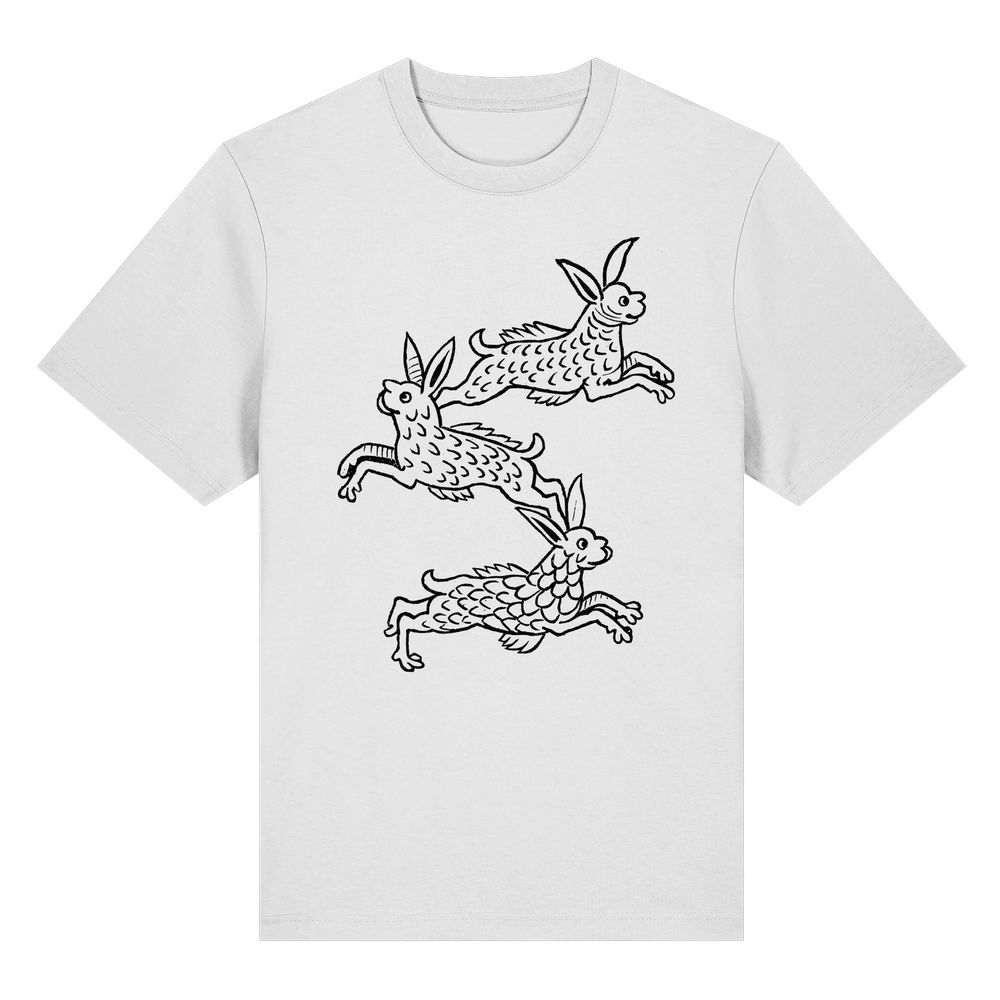 T-Shirt mit Holzschnitt von drei Hasen mit Fischschuppen, Originalholzschnitt aus dem 15. oder 16. Jahrhundert