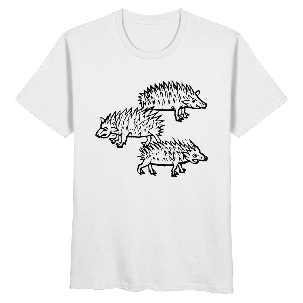 T-Shirt mit drei schlechtgelaunten Igeln, Originalholzschnitt aus dem 15. oder 16. Jahrhundert