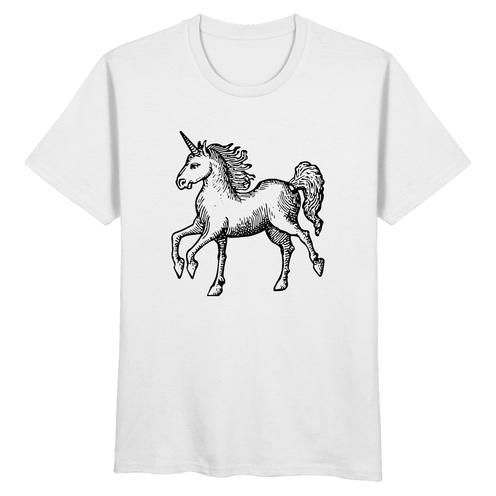 T-Shirt mit Holzschnitt eines fünfbeinigen Einhorns, Midjourney