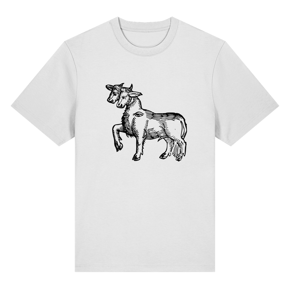 T-Shirt mit Holzschnitt eines Rinds mit zwei Köpfen, nur einem Horn auf jedem Kopf, dafür zwei zusätzlichen Augen auf der Brust. Originalholzschnitt aus 'De prodigiis', 1557