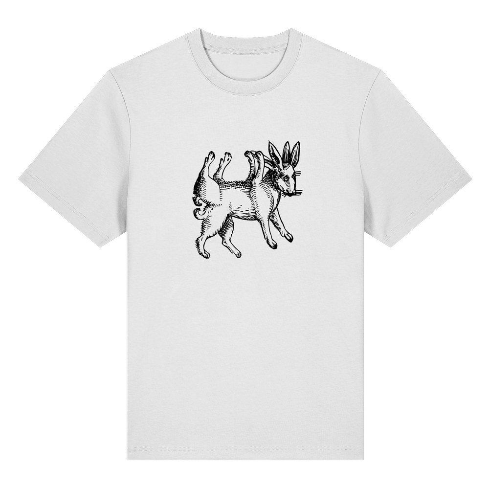 T-Shirt mit Holzschnitt eines Hasen mit vier Ohren und acht Beinen, Originalholzschnitt aus 'De prodigiis', 1557