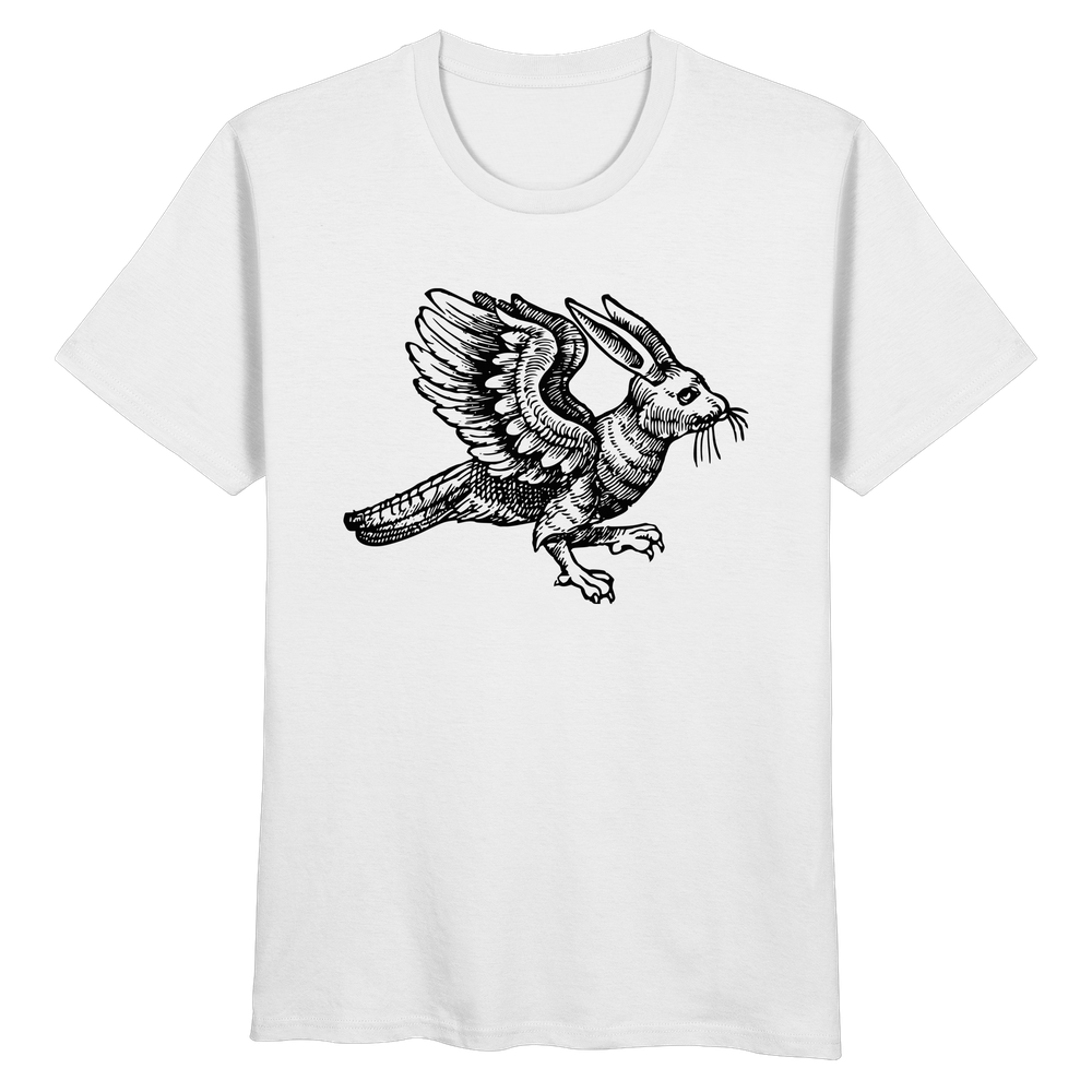 T-Shirt mit Holzschnitt eines geflügelten Hasen, Originalholzschnitt aus 'De prodigiis', 1557