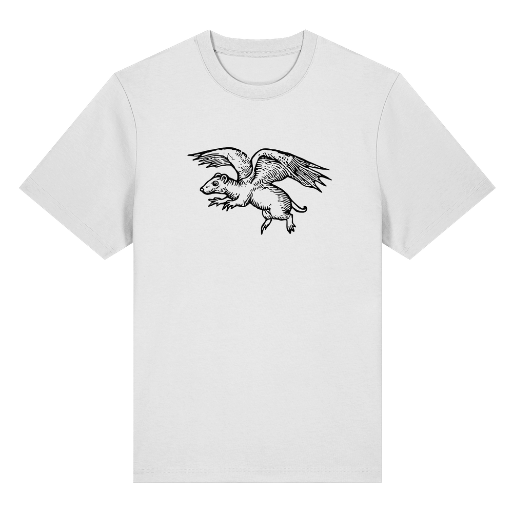 T-Shirt mit Holzschnitt eines geflügelten marderartigen Tiers, Midjourney