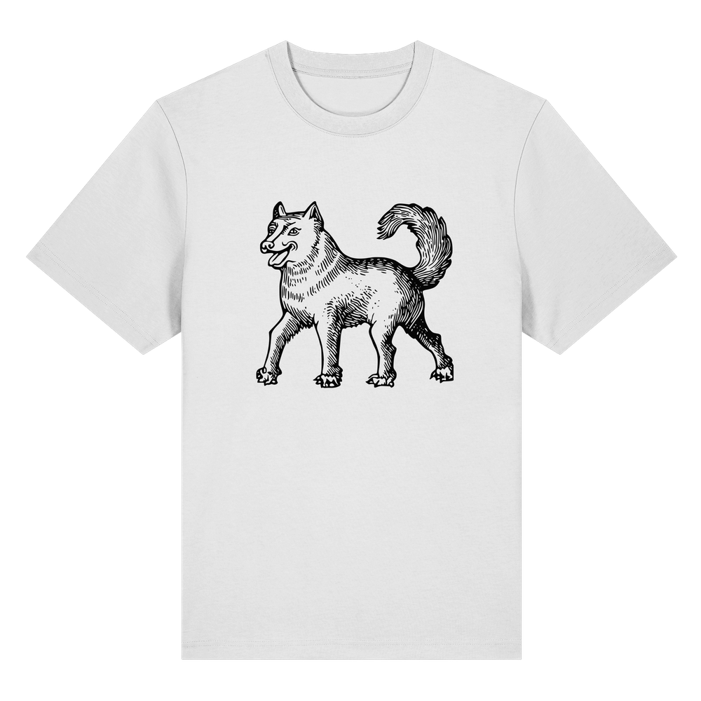 T-Shirt mit Holzschnitt eines Malamutes, Midjourney
