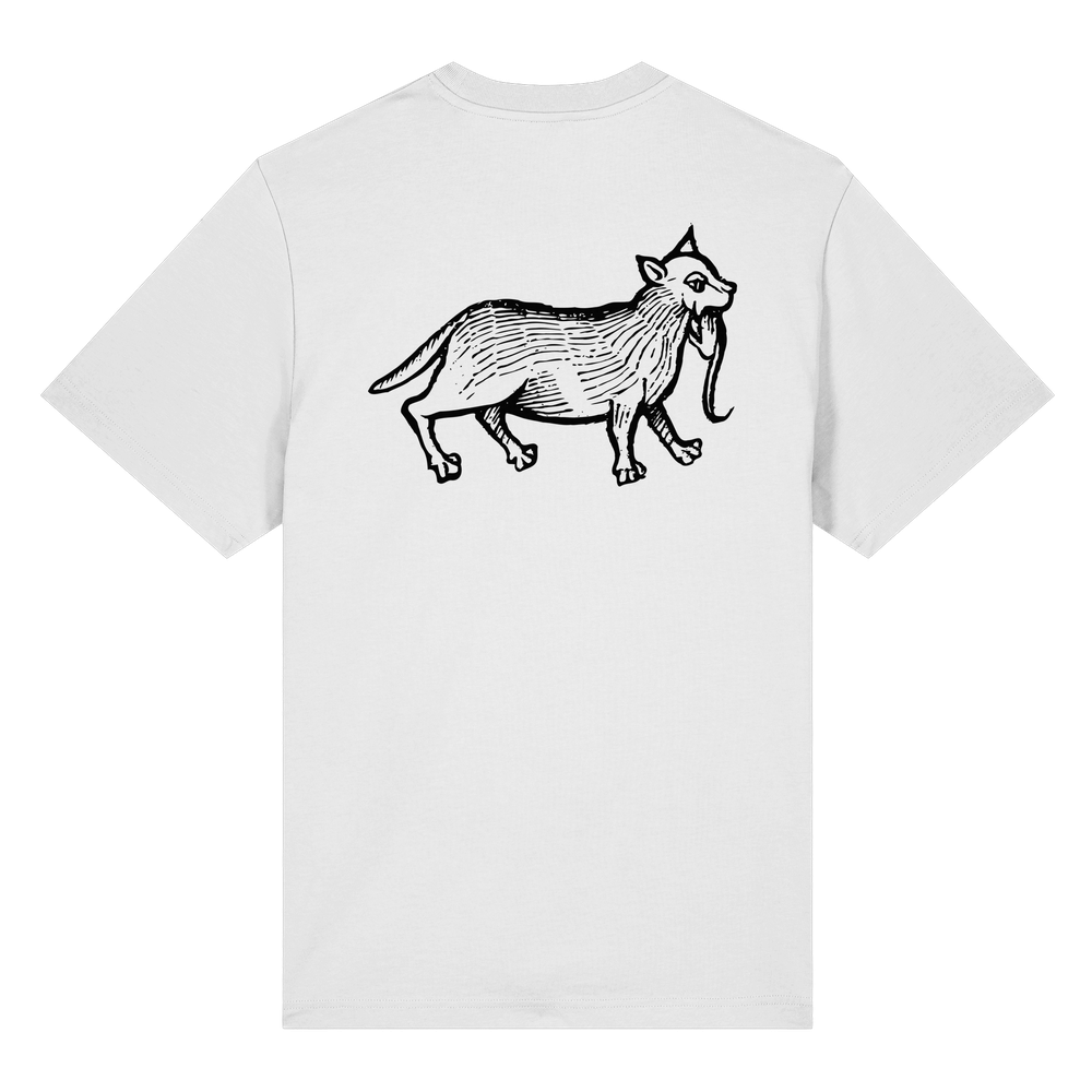 T-Shirt mit Holzschnitt einer Katze, die eine Maus im Maul hat, Hortus sanitatis, 1491