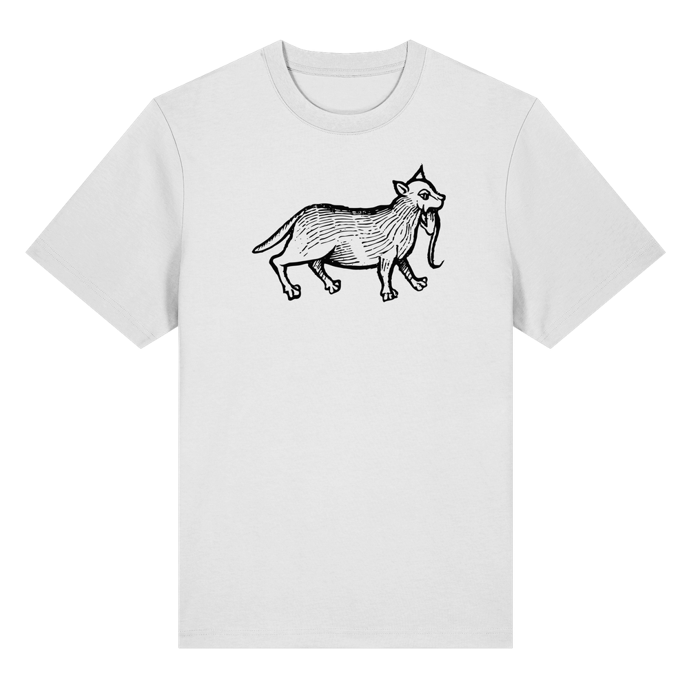 T-Shirt mit Holzschnitt einer Katze, die eine Maus im Maul hat, Hortus sanitatis, 1491
