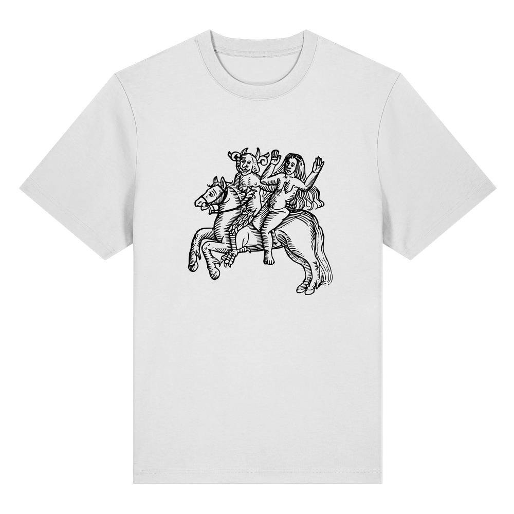 T-Shirt mit Holzschnitt: Satan reitet auf einem Pferd und hält eine nackte Frau im Arm. Originalholzschnitt aus 'De prodigiis', 1557