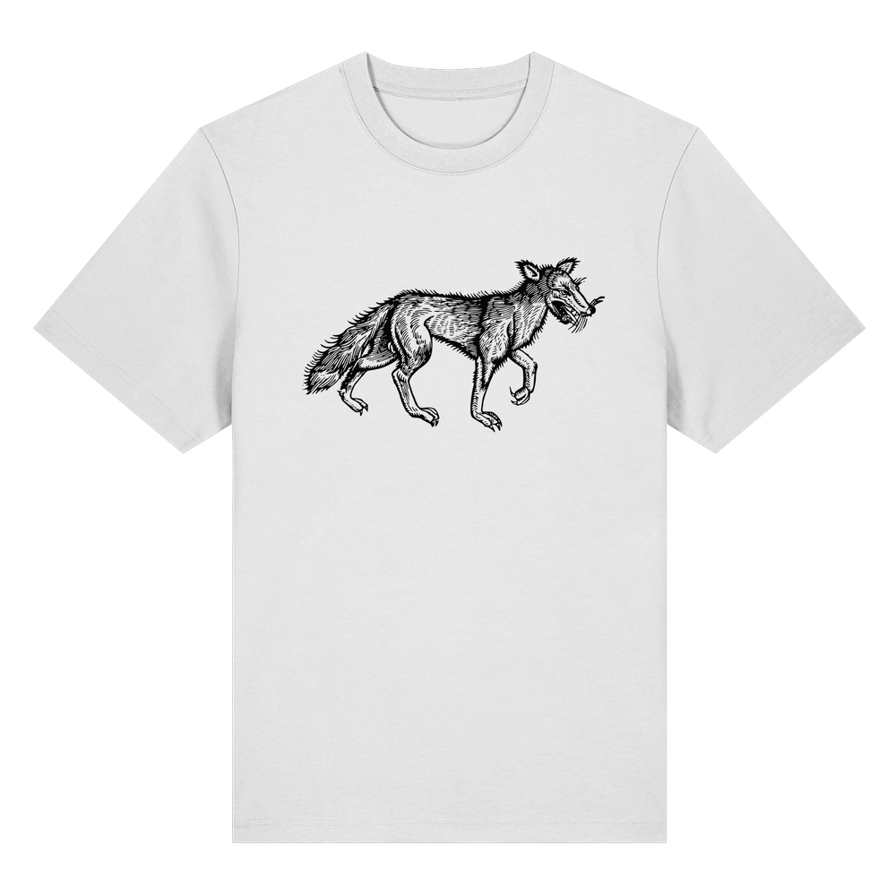 T-Shirt mit Holzschnitt eines schlechtgelaunten Wolfs, Originalholzschnitt aus dem 15. oder 16. Jahrhundert