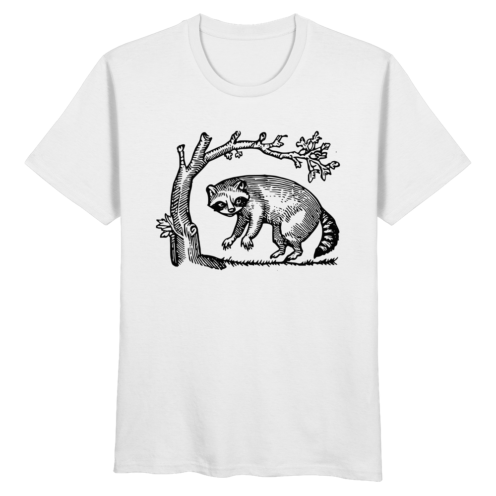 T-Shirt mit Holzschnitt eines Waschbärs unter einem Baum, Midjourney