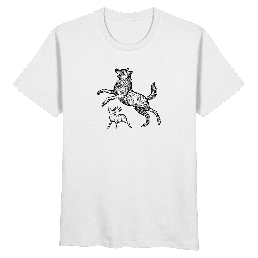 T-Shirt mit Holzschnitt eines Wolfs und eines Hasen, der sich unter dem Wolf versteckt, Midjourney